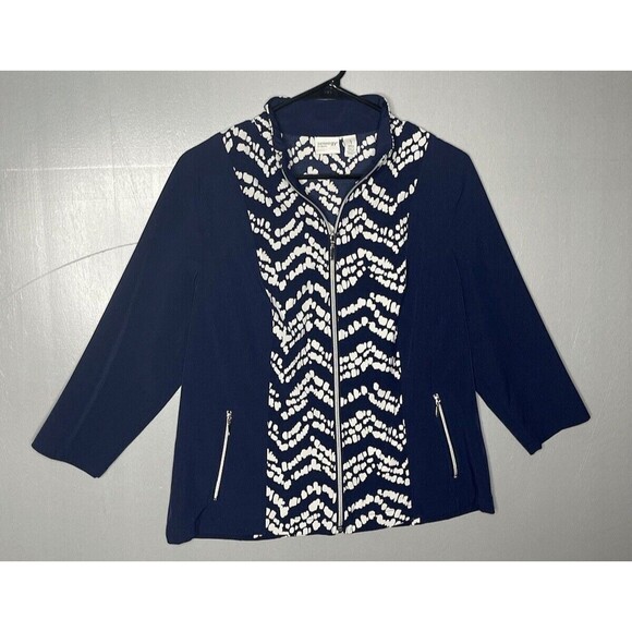 ZENERGY by CHICO'S size 1 NAVY/WHITE ZIP POCKETS 3/4 SLEEVE ZIP UP JACKET - Picture 1 of 9